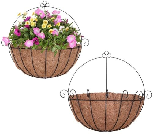 2pcs 10inch Round Hanging Basket with Liner, Half Circle Wall Planter Metal Hanging Basket for Garden Flower Pot Vegetables Containers