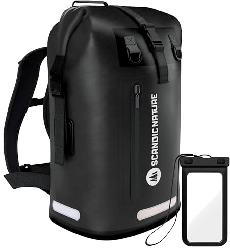 SCANDIC NATURE PIONEER 35L wasserdichter Rucksack schwarz mit Rolltop Verschluss - extra robust dank Boden mit 1000D PVC LKW-Plane, 3 Reflektor-Streifen Rollverschluss, wasserfeste IPX8 Handyhülle