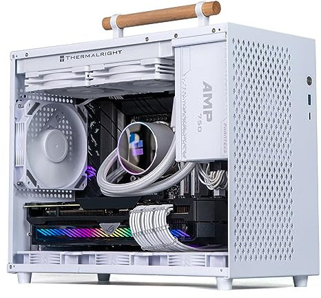 MATX Computer Cases, White, Portable Compact, Supports RTX4090, ITX/MATX Motherboard, Handle, Tempered Glass Panels, Easy to Carry, USB Type A Type C Ports