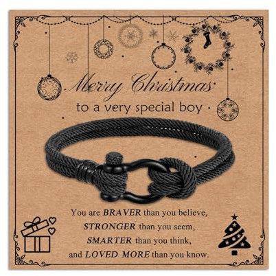 Toplstud Bracelets for Boys - Christmas Bracelet Gifts for Son Grandson Nephew - Black Braided Rope Bracelet - Xmas Jewellery Gift for Teenage Boys (19cm)