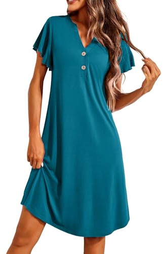 Ekouaer Nattlinne damer kortärmad sovskjorta kort v-ringad sovskjorta knappslå nattkläder mjuk sovskjorta, S-XXL, Blå grön, XL