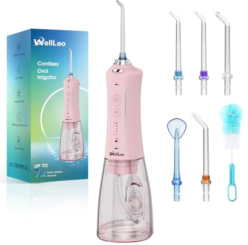 WellLeo Water Flossers for Teeth, 300ML Cordless Oral Irrigator Rechargeable Dental Flosser Picks with 5 Modes 5 Jet Tips,IPX7 Waterproof Teeth Cleaner for Braces Gum Care, Home Travel Use