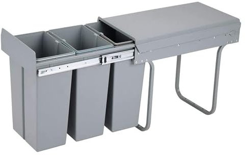 Contenedor de reciclaje para mueble de cocina, Cubos de basura bajo fregadero 3x 8L, fijación inferior y extracción manual, cubos extraíbles, con tapa