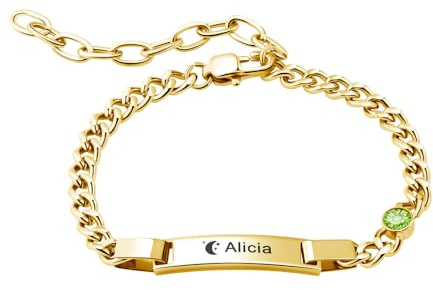 Individuelles Babyarmband mit Geburtsstein, Eingraviertem Namen Personalisierte ID-Armbänder Verstellbare Länge, Kinderschmuck Geschenke für Mädchen Jungen Weihnachten Geburtstag Taufe, Gold