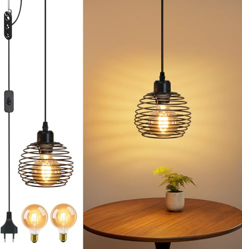 ZMH Pendelleuchte Vintage Hängelampe Schwarz E27 Pendellampe mit Stecker | Esstisch mit Schalter Retro 1 Flammig Industrial Metall Hängeleuchte für Schlafzimmer Wohnzimmer(2 Leuchtmittel)