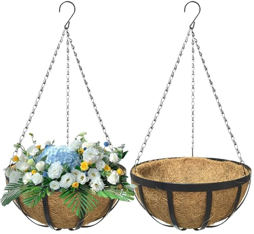 Qikam 2 Stück Blumenampel, Hängend Blumentopf, Hängeampel mit Ketten und Coco Liner, Hängetopf für Pflanzen, Schwarz Mat t Metall Hängetopf für Innen Draußen Garten Balkon Wanddekoration