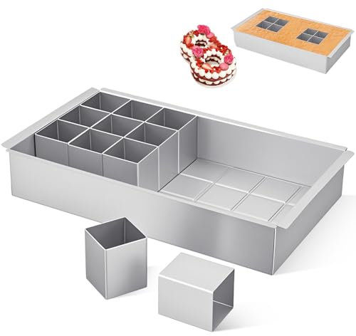 Letters Number Cake Tins with 12 Small Square Frames, Adjustable Aluminium Bakeware, Rectangular DIY Baking Mould Set, Movable Non Stick Digital Shape Cake Tool for Wedding, Birthday, Christmas, Party