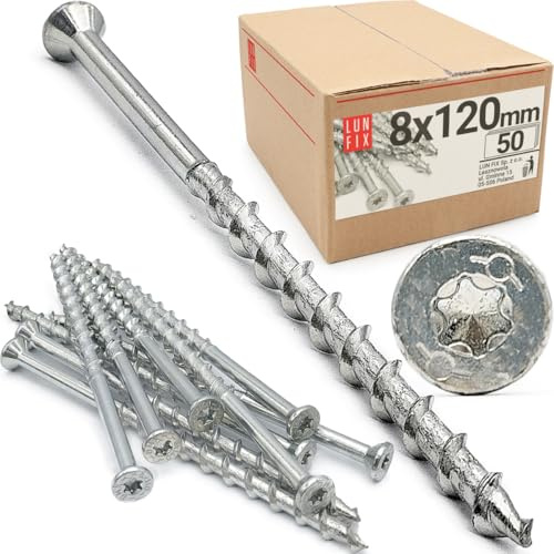 Juego de 50 tornillos para hormigón aireado, 8 x 120 mm, de acero galvanizado con cabeza avellanada y accionamiento TX para Ytong, hormigón, yeso, hormigón celular, interior y exterior