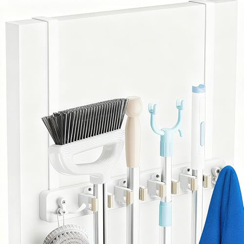 BUERPINKING Besenhalterung Wand, Gartengerätehalter aufhängung Gartengeräte Halterung, Besenhalter mit 4 Haken, Besenständer hängend Wandhalterung Besen ohne Bohren (Weiß)