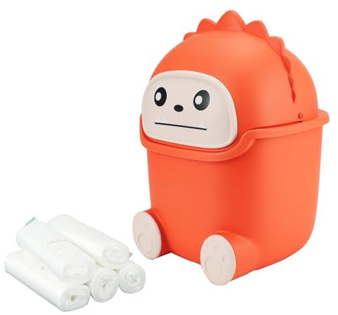LZLINGMEI Cute Desk Bin with Flip Lid, Mini Monster Waste Basket with 5 Rolls Trash Bags, Small Office Bin Desktop Trash Can for Kitchen, Bedroom, Bathroom, Home, Tabletop (Orange)