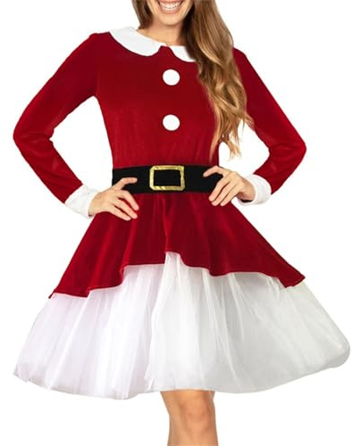 Edhomenn Kvinnor jul jultomten klänning sammet långärmad babydoll nät fåll maskeradkläder cosplay set (röd, S)