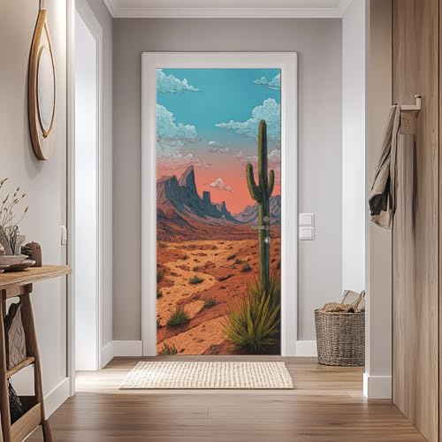 Wüstenlandschaft Mit Kaktus Türaufkleber, 3D Natur Landschaft Selbstklebende Türtapete Türfolie TürPoster, PVC Wasserdicht Abnehmbar für Wohnzimmer Schlafzimmer Bad Büro Deko 77x200cm