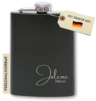 Flanacom Flachmann mit Gravur aus Edelstahl inkl. Trichter 227ml / 8oz Hochzeit Trauzeuge Alkohol Geschenke für Männer Flachmann Personalisiert mit Wunschgravur (Design 9, 8 Oz Schwarz)