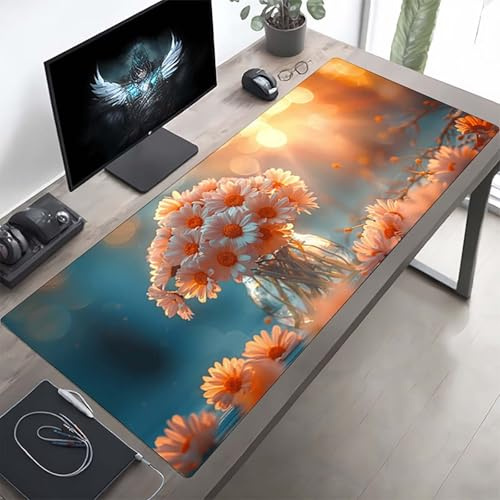 Gaming Mauspad 160 x 80cm Gaming Mousepad XXL Blume Gelb Mauspad Schreibtischauflage, Genähte Kanten Mausmat, rutschfeste Gummibasis, Schreibtisch Schutz für Home Büro, Geschenke PjY10140 P-9