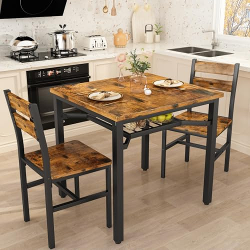 HOOSENG 3 Piece Dining Table Set, Wooden Dining Table and Chairs Set of 2,Compact Dining Room Set with Storage Shelf and Metal Legs for Kitchen/Apartment/Small Space,Black (Rustic Brown)