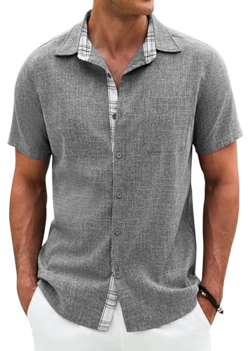 Lonya Camisas Hombre Manga Corta Camisas con Botones Verano Casual Vacaciones Shirt para Oficina, Viajes y Playa Gris Oscuro,XXL