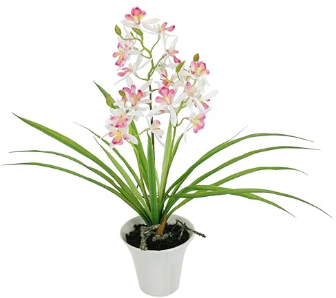 Kunstblume Orchidee 40cm mit Blätter und Luftwurzeln im Topf Künstliche Blume Kunstorchidee Phalaenopsis mit Übertopf Kunstpflanze Hochzeit Deko Dekoblume Seidenblume Real Touch Blüte