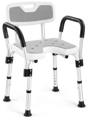 KSITEX Silla de Ducha para Mayores en U Taburete Ajustable de 6 Alturas Reposabrazos, Silla de Bañera de Aluminio con Antideslizante Asiento para Ducha Interior, Antideslizante Seguridad hasta 150kg