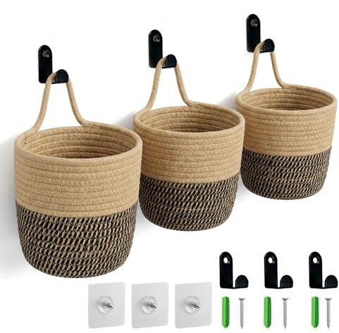 3 Stück Hängekorb, Baumwollkörbe Kleiner Korb mit Griff,Home hängekörbe mit 3 Klebehaken & 3 Garderobenhaken, Hängekorb Obstkorb, Korb Hängend für Büro, Küche, Schlafzimmer (16x15cm)