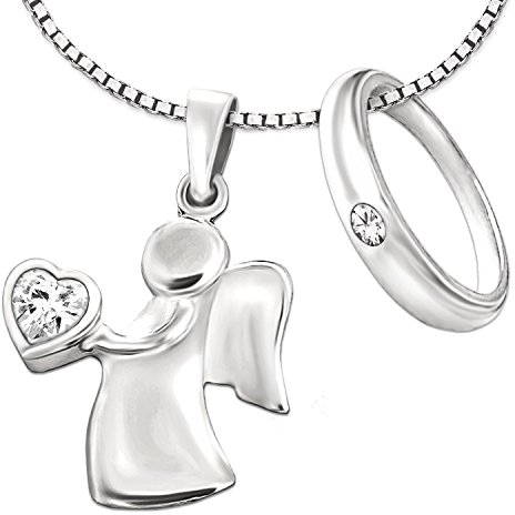 CLEVER SCHMUCK Set Taufkettchen 2 Anhänger Engel 15 mm Zirkonia weiß in der Hand & Taufring Ø 12 mm schlicht Zirkonia & Kette Venezia 36 cm STERLING SILBER 925 im Taufe-Etui