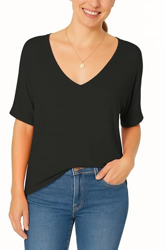 Re Tech UK - Camiseta Ancha para Mujer - Cuello de Pico y Manga murciélago con Vuelta - Estilo Informal y Holgado - Negro - XXL - UK 20-22/EU 48-50 (Talla Grande)
