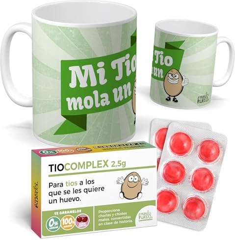 Pack Tío| Taza Tio Mola un Huevo + Caramelos TIOCOMPLEX | Regalo Original y Divertido para Tíos | Detalle Especial para Cumpleaños, Día de la Familia y Navidad