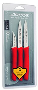 Arcos Serie Nova - Caja 12 uds Set 3 pzas. Cuchillos Mondadores - Hoja de Acero Inoxidable de 60 mm / 100 mm / 100 mm - Mango de Polipropileno Color rojo (12 x 3 UDS / 36 UDS en total)