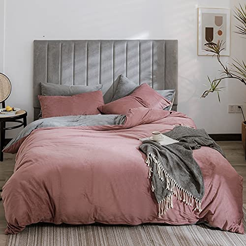 Lanqinglv Warme Winter Bettwäsche 135x200cm Biber Plüsch Rosa Grau Wendebettwäsche Deckenbezug Bettbezug mit Reißverschluss und 1 Kissenbezug 80x80cm