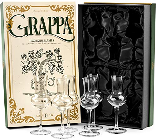 Copas de Cristal para Grappa | Juego de 6 | 90 ml | Copas Pequeñas de Tallo Largo para Beber Licor, Cordiales, Aperitivos, y Digestivos