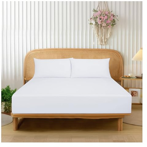 Funky Gadgets Sábana bajera doble blanca con bolsillo profundo de 30 cm, 90 g/m², microfibra cepillada suave, sábana inferior de fácil cuidado, sábana bajera ajustable (137 x 190 cm)