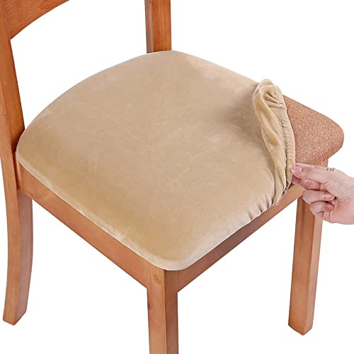 Homaxy Velvet Dining Chair Seat Covers Set of 6, Stretch Dining Chair Slipcovers with Ties, Removable Washable Dining Chair Seat Protector Cover, Beige