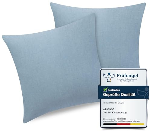 ATsense 2er Set Kissenbezug 50x50 cm - 100% Gewaschene Baumwolle, Hellblau Kopfkissenbezug mit Reißverschluss, Oeko-TEX Zertifiziert Weich, Nicht Lleicht Verformbar