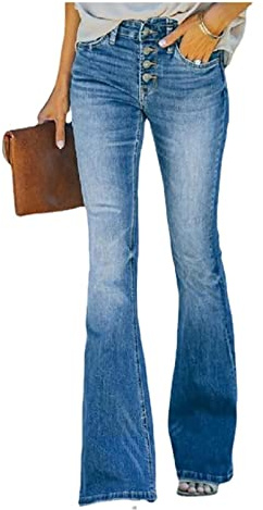 jeans 90-tals Vintagejeans Med Knappgylf, Hög Midja, Utsvängda Ben, Höga Byxor Med Vida Ben, Stretchiga Blå Jeansjeans, Klassisk Utsvängd Denimbotten Med Pull On Stretch (Color : Blue, Size : S)