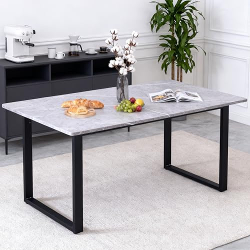 AINPECCA 150cm Dining Table- Rectangle Marble Effect Grey Top with U Shape Metal Black Legs for 4-6 Seaters Home Kitchen