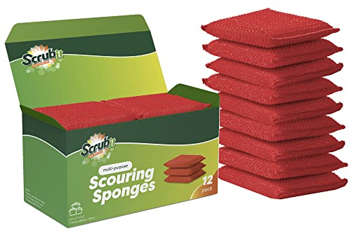 SCRUBIT Multi-Purpose Dish Scrub Sponge, Non Scratch Scouring Pads, Cleaning Sponges for pots, Dishes & Non-Stick Cookware - Pot Scrubber Sponges for Kitchen & Bathroom - 12 Pack Dish Sponge (Red)
