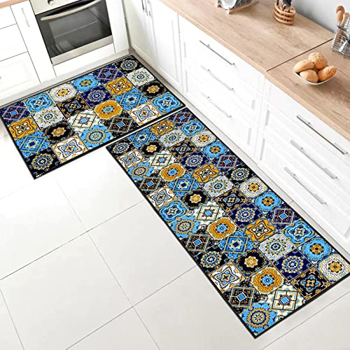 SHUAIG Küchenteppiche 2 Stück,Anti-Müdigkeit Rutschfestes Küchenmatten waschbar,Küchenmatte Set Mit Schiebeaufkleber Geeignet für Badezimmer/Wohnzimmer.(Style G,40 * 120+40 * 60cm)