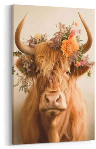 Dekomundo Highland Kuh mit Blumenschmuck Exklusives Leinwandbild Wohnzimmer Schlafzimmer Wandbild, 50x70 cm