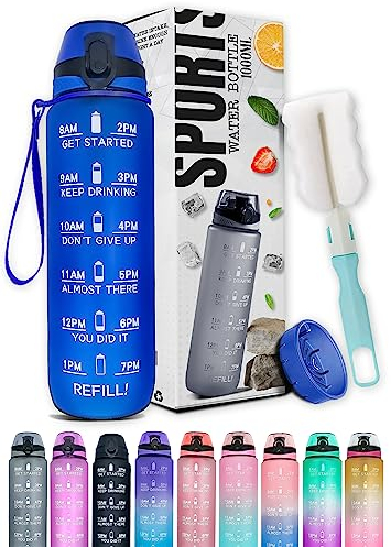 Roe Tenpo Water Bottle 1L, Sports Water Bottle with Time Markings, BPA-Free, Leak-Proof Drinks Bottle, Perfect for Running, Cycling, Gym, Yoga, Camping and Outdoor Activities, Blue