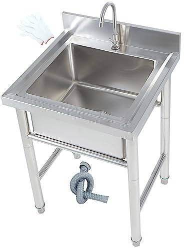Lavello da esterno in acciaio inossidabile, lavello commerciale per ristorante, stazione singola per bar, cucina, hotel, casa, con rubinetto (50 cm x 50 cm x 80 cm)