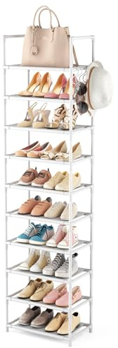 LANTEFUL 10 Tiers Tall Shoe Rack 20-25 Pairs Boots Organizer Storage Sturdy Narrow Shoe Shelf for Entryway, Closets with Hooks, White