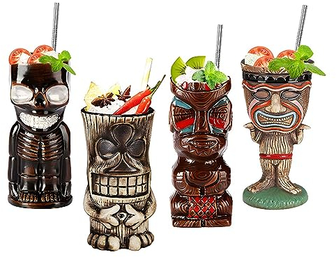 Morlinca Tiki Mugs–Tiki Becher 4er Set–Keramik Tiki gläser Cocktailgläser Tiki Bar deko Tiki Cocktail Party–Tiki Themed Parties–Halloween Parties–Hawaiianische Party,A12