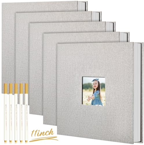 Jetec 5 Pcs 11 x 10.6 Inch Large Photo Album Self Adhesive Scrapbook Album 40 Blank Pages DIY Linen Cover Memory Photo Book with Metallic Pen for Pictures Wedding Family Travel (Light Gray)