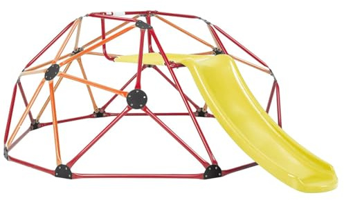 Maxmass 2-in-1 Kids Dome Climber Set, Toddler Climbing Frame with Smooth Slide and Fabric Platform, Indoor Outdoor Geometric Children Jungle Gym Playset for Garden Yard Park (Orange + Yellow)