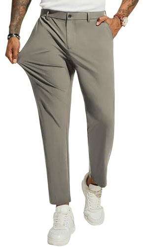 PJ Paul Jones - Pantalones de golf para hombre, elásticos en 4 direcciones, casuales, ajustados, recortados, acampanados, pantalones de vestir, ligeros, pantalones de negocios, Caqui, Large