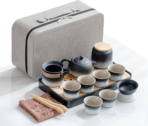 BERULL Juego De Té De Cerámica, Juego De Té Gongfu Portátil De Viaje para Adultos, Juego De Té Moderno Y Sencillo con 6 Tazas De Té, para Hogar, Outdoor, Negocios,Black 2,Gray Bag