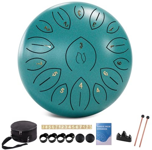 Stahlzungentrommel 12 Zoll 15 Töne, Stahltrommeln für Kinder und Erwachsene, Handpan-Trommel mit Notenbuch, Trommelschlägeln und Tragetasche, Handpan C-Dur, Malachitgrün