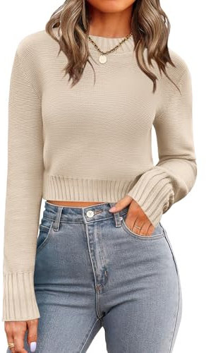 Zeagoo Women's 2026 Fall Crewneck Cropped Sweater Trendy Long Sleeve Ribbed Knit Pullover Jumper Tops Beige