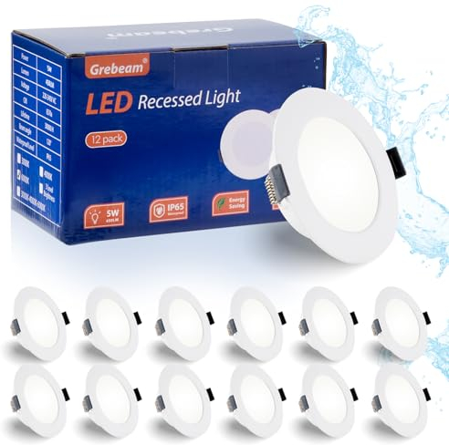 Grebeam 12 Pack LED Downlights for Ceiling 5W, 6000K Cool White, 450LM, IP44, LED Recessed Ceiling Lights, Cutout Ø75mm-90mm, Ultra Slim 25mm, 230V, Spot Lights Ceiling for Bathroom, Kitchen