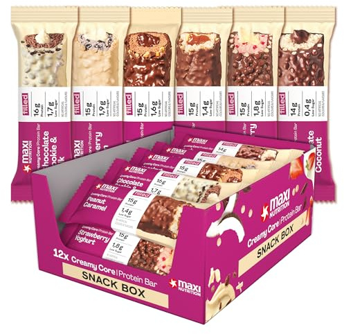 MaxiNutrition Creamy Core Bar MIX BOX, 6 Sorten (12 Riegel x 45 g), Jede Sorte enthält mindestens 13 g Eiweiß pro Riegel, Low Sugar, ohne Zuckerzusatz, ohne künstliche Aromen