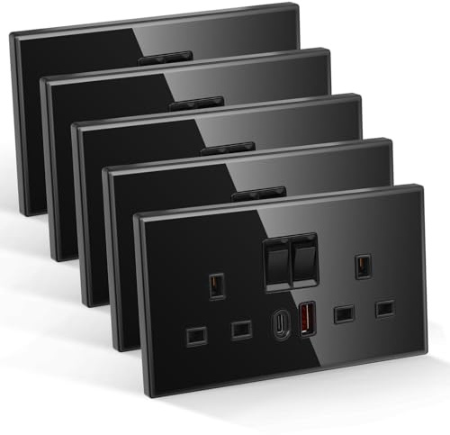 CNBINGO Double Switched Socket with 20W PD USB C and A Fast Charging Ports, Electric Power Sockets 2 Gang 13 Amp, Black Tempered Glass Panel Wall Outlet, 5 Pack | 20W PD Typ-C and USB-A Fast Charging Ports, Electric Socket with Power Switch, 2 Gang 13 Amp Wall Outlet, DIY install